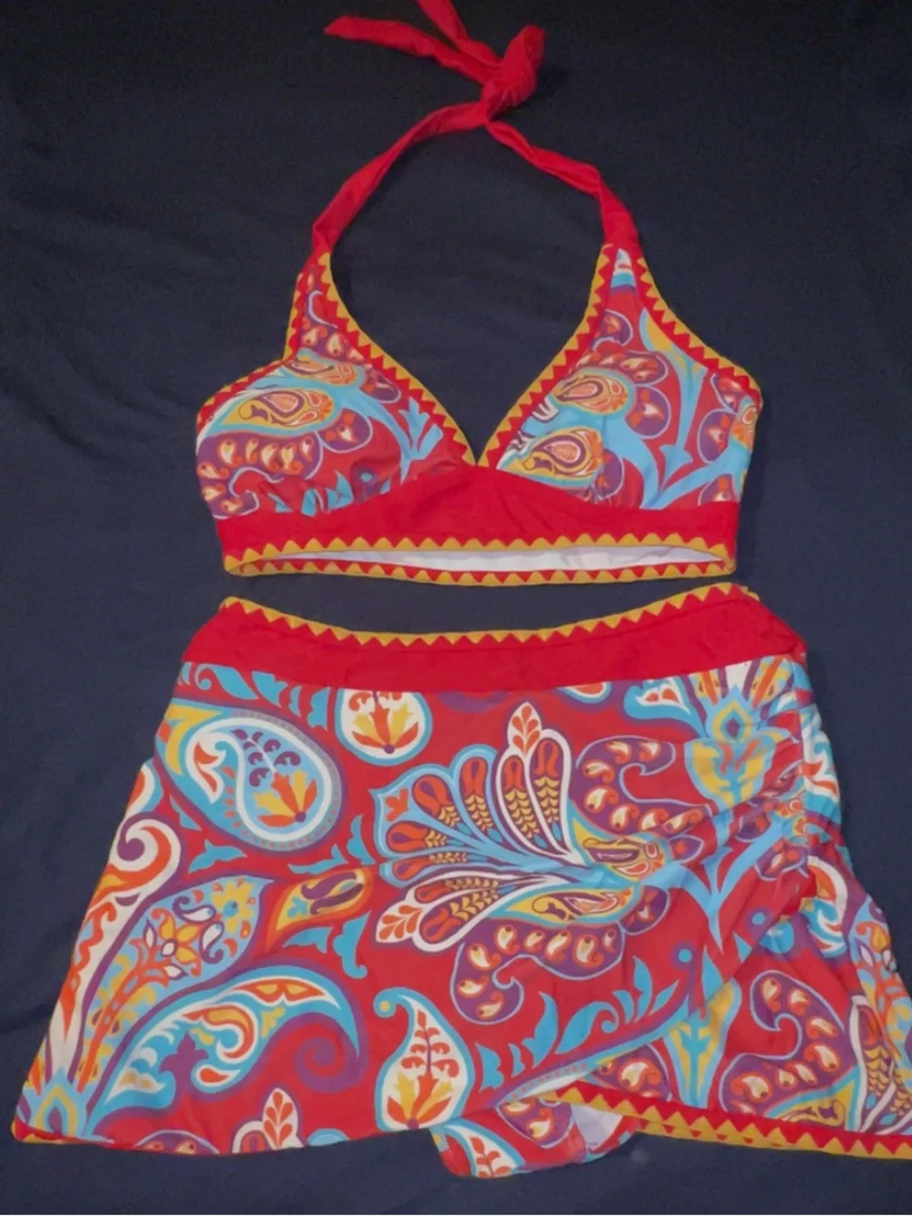 Red Paisley Two-Piece Swim Set with Skirt.  Size S. New.